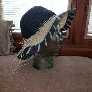 Straw Wide Brim Boho Sun Hat navy/white